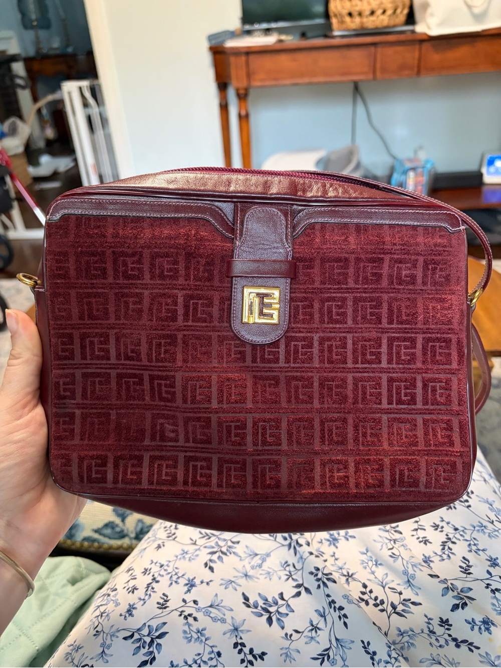 Pierre Balmain Burgundy Logo Velvet Crossbody with Gold Hardware